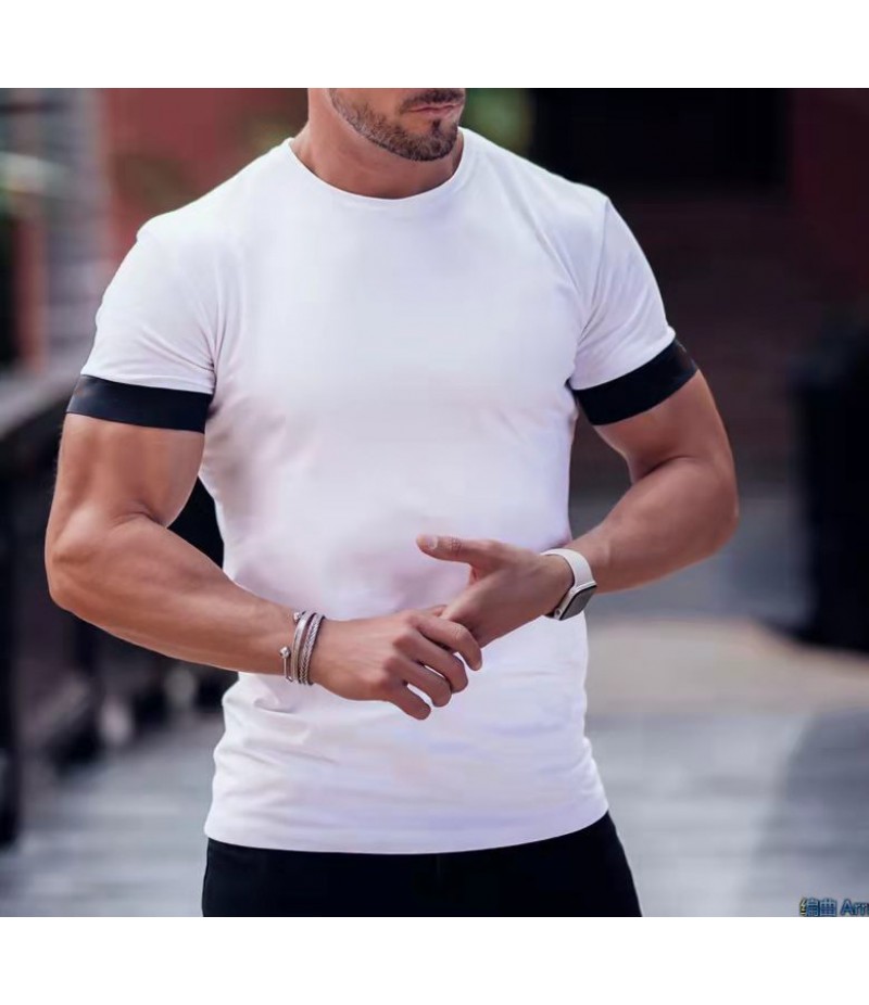 Summer Leisure Sports Fitness Men Solid Color Moisture Wicking Crew Neck T-Shirt