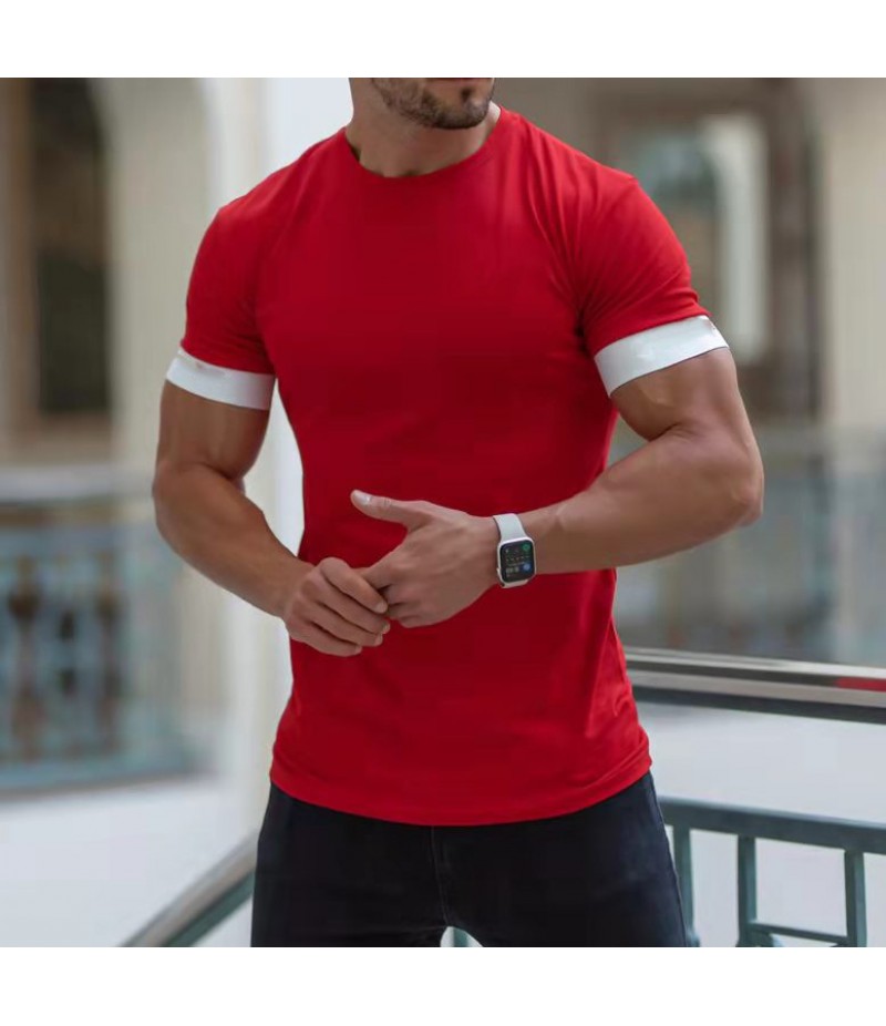 Summer Leisure Sports Fitness Men Solid Color Moisture Wicking Crew Neck T-Shirt