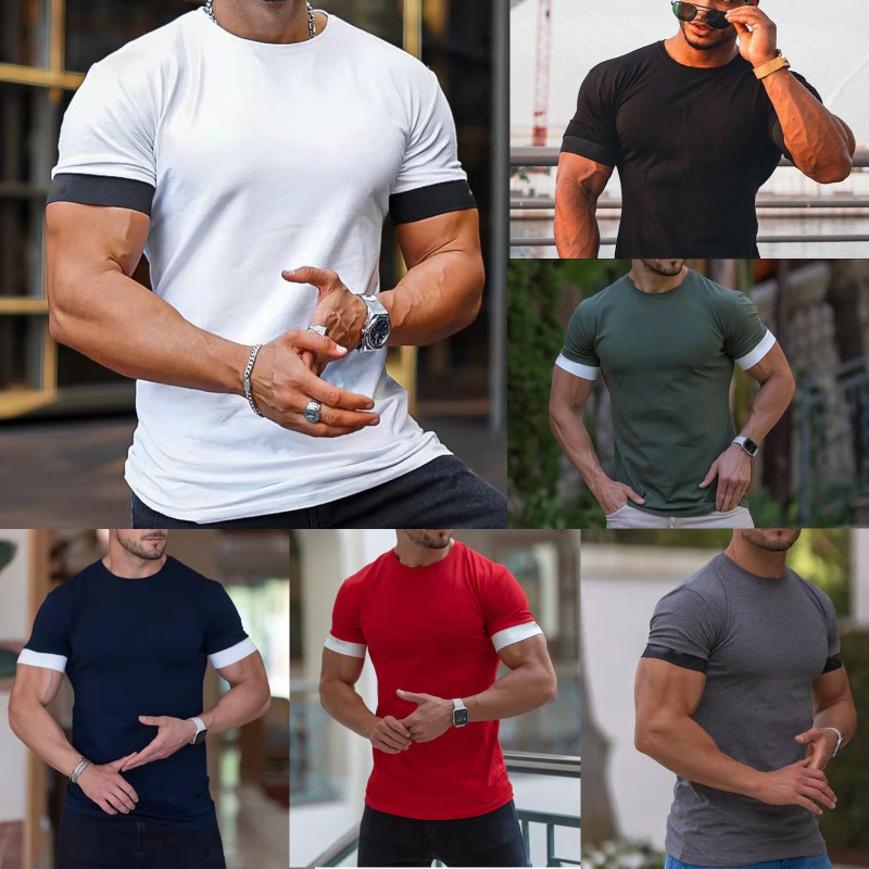 Summer Leisure Sports Fitness Men Solid Color Moisture Wicking Crew Neck T-Shirt