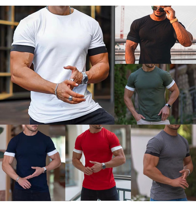 Summer Leisure Sports Fitness Men Solid Color Moisture Wicking Crew Neck T-Shirt