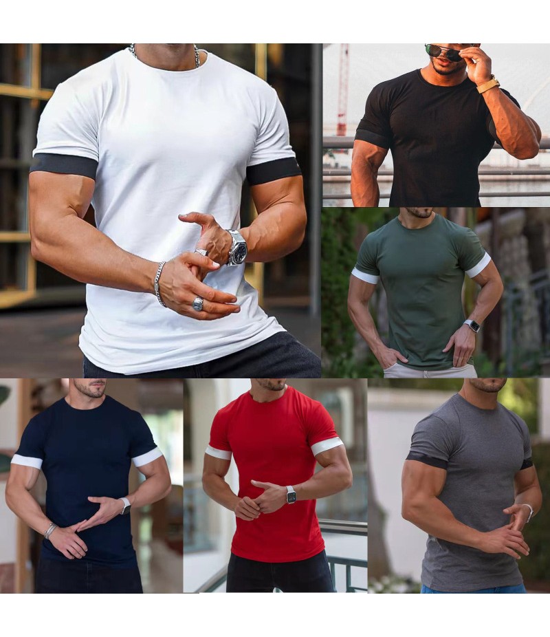 Summer Leisure Sports Fitness Men Solid Color Moisture Wicking Crew Neck T-Shirt