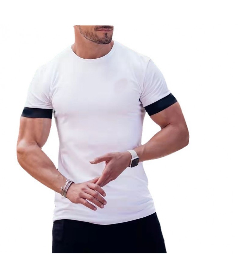 Summer Leisure Sports Fitness Men Solid Color Moisture Wicking Crew Neck T-Shirt