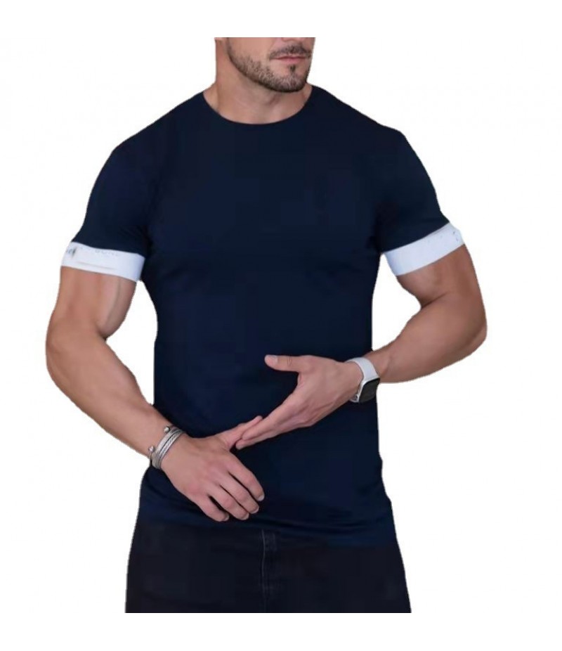 Summer Leisure Sports Fitness Men Solid Color Moisture Wicking Crew Neck T-Shirt