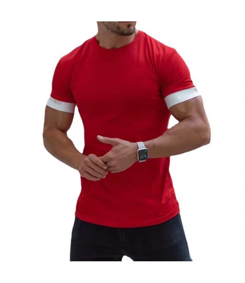 Summer Leisure Sports Fitness Men Solid Color Moisture Wicking Crew Neck T-Shirt