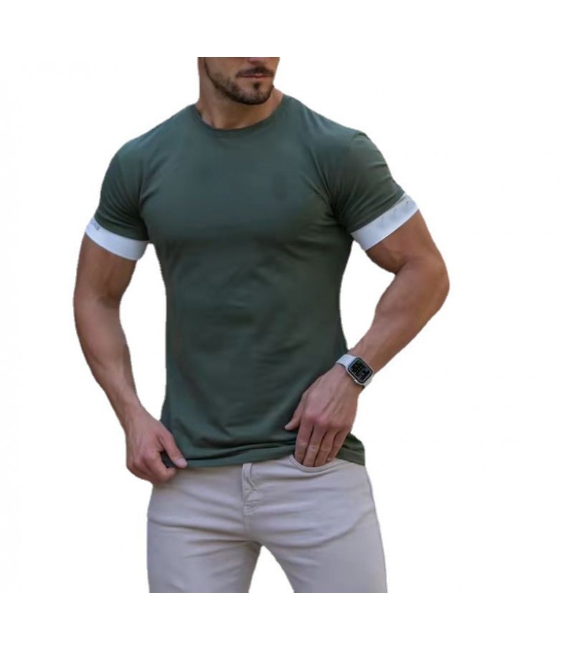 Summer Leisure Sports Fitness Men Solid Color Moisture Wicking Crew Neck T-Shirt