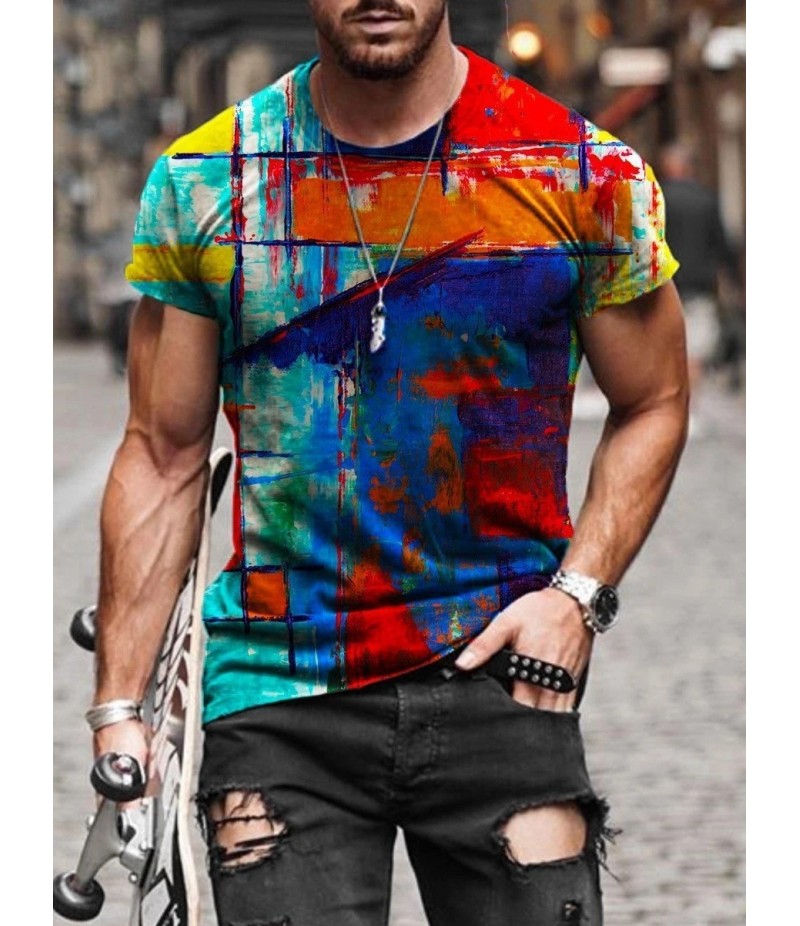 Men Street Casual Streaming Abstract Painting Print Short Sleeve T-Shirt