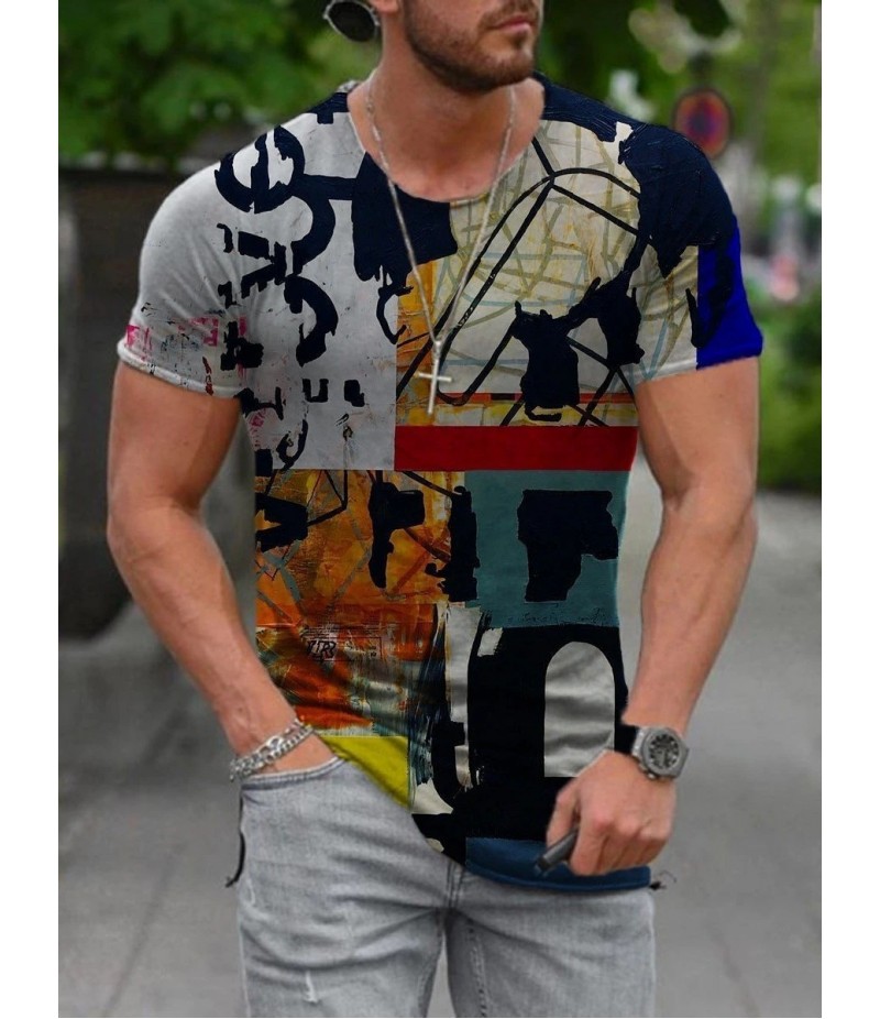 Men Street Casual Streaming Abstract Painting Print Short Sleeve T-Shirt