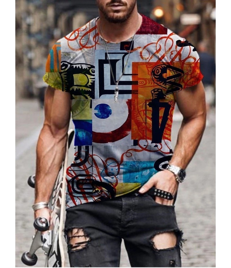 Men Street Casual Streaming Abstract Painting Print Short Sleeve T-Shirt