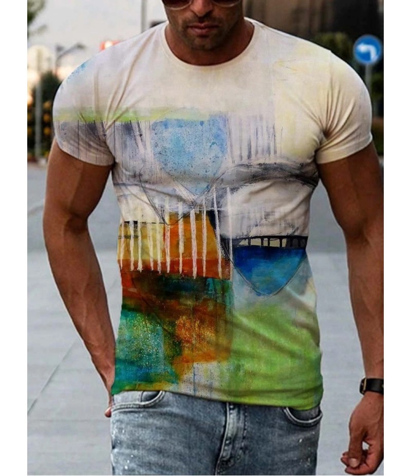 Men Street Casual Streaming Abstract Painting Print Short Sleeve T-Shirt