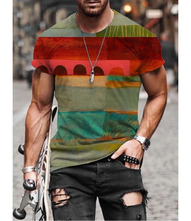 Men Street Casual Streaming Abstract Painting Print Short Sleeve T-Shirt