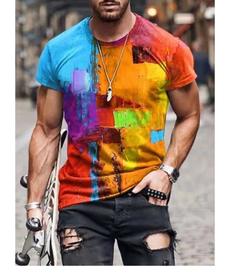 Men Street Casual Streaming Abstract Painting Print Short Sleeve T-Shirt