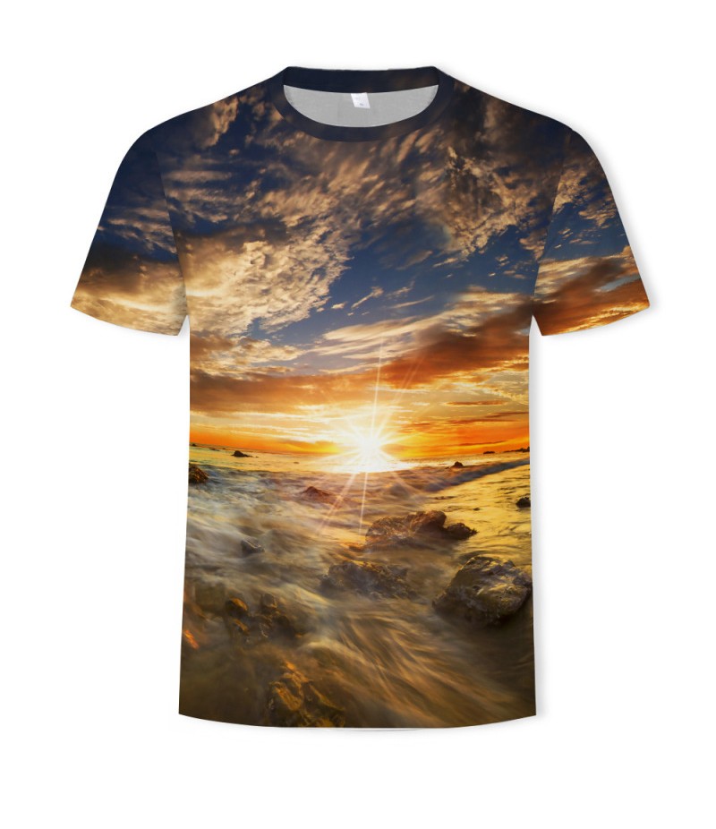 Men Fashion Creative 3d Landscape Photography Printing Round Neck Short Sleeve Loose T-Shirt