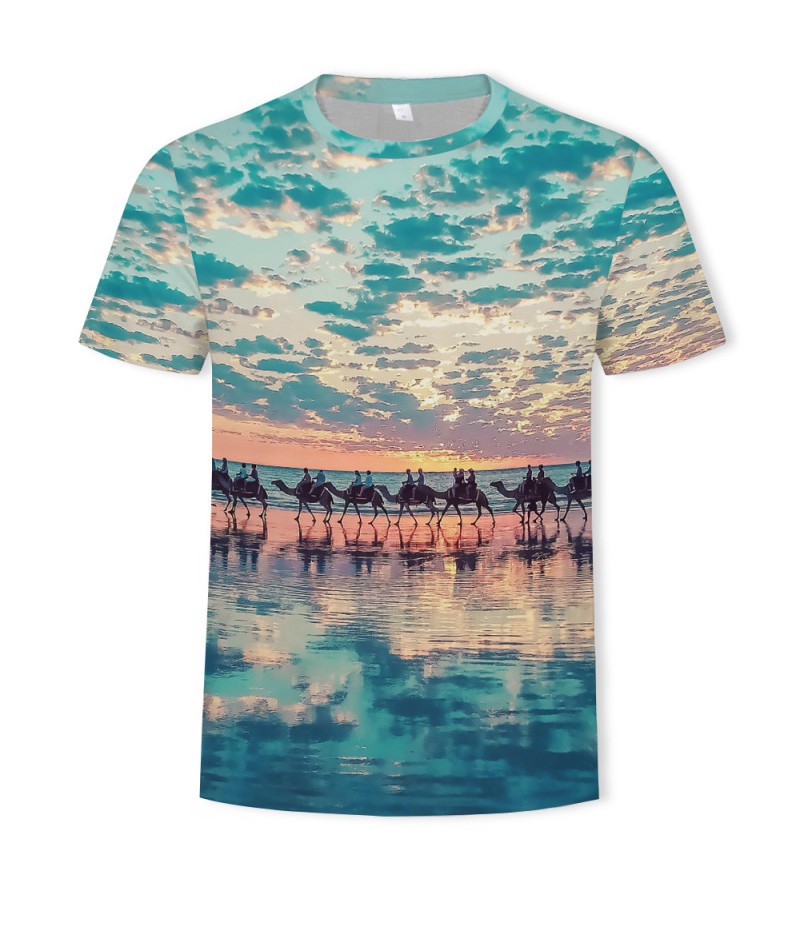 Men Fashion Creative 3d Landscape Photography Printing Round Neck Short Sleeve Loose T-Shirt