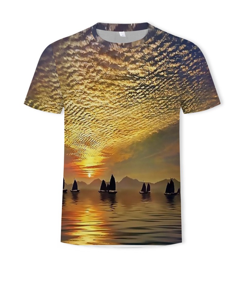 Men Fashion Creative 3d Landscape Photography Printing Round Neck Short Sleeve Loose T-Shirt