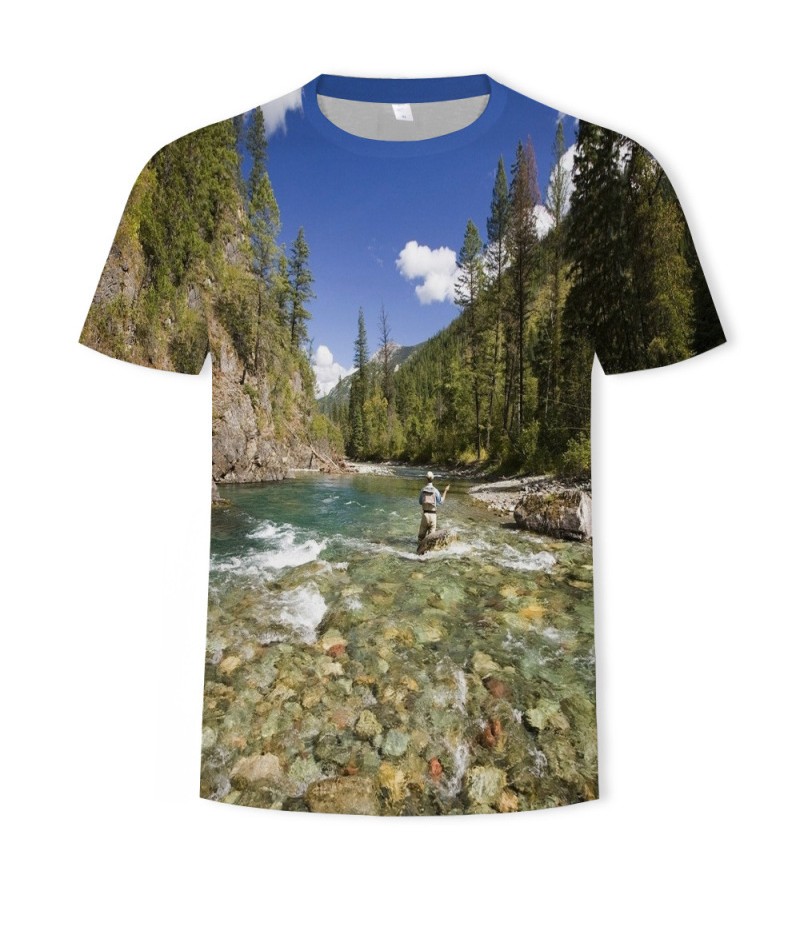 Men Fashion Creative 3d Landscape Photography Printing Round Neck Short Sleeve Loose T-Shirt