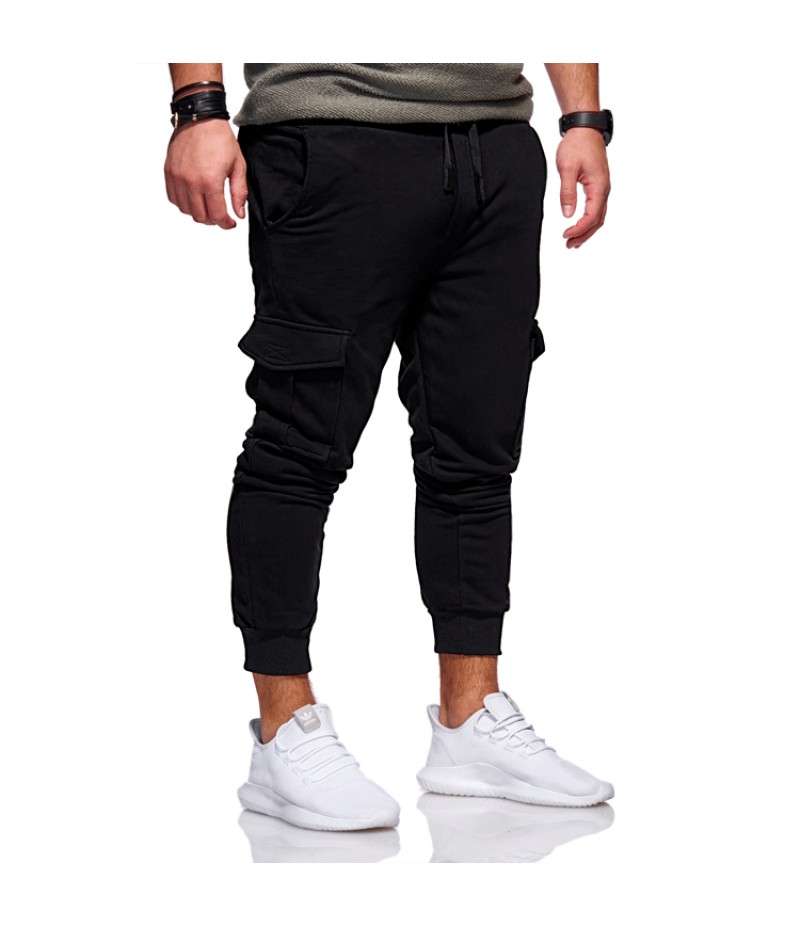 Men Casual Solid Fashion Tie Elastic Multi-Pocket Track Pants