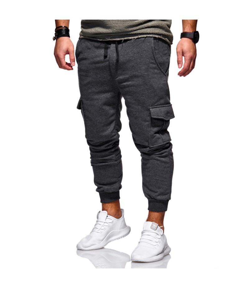 Men Casual Solid Fashion Tie Elastic Multi-Pocket Track Pants