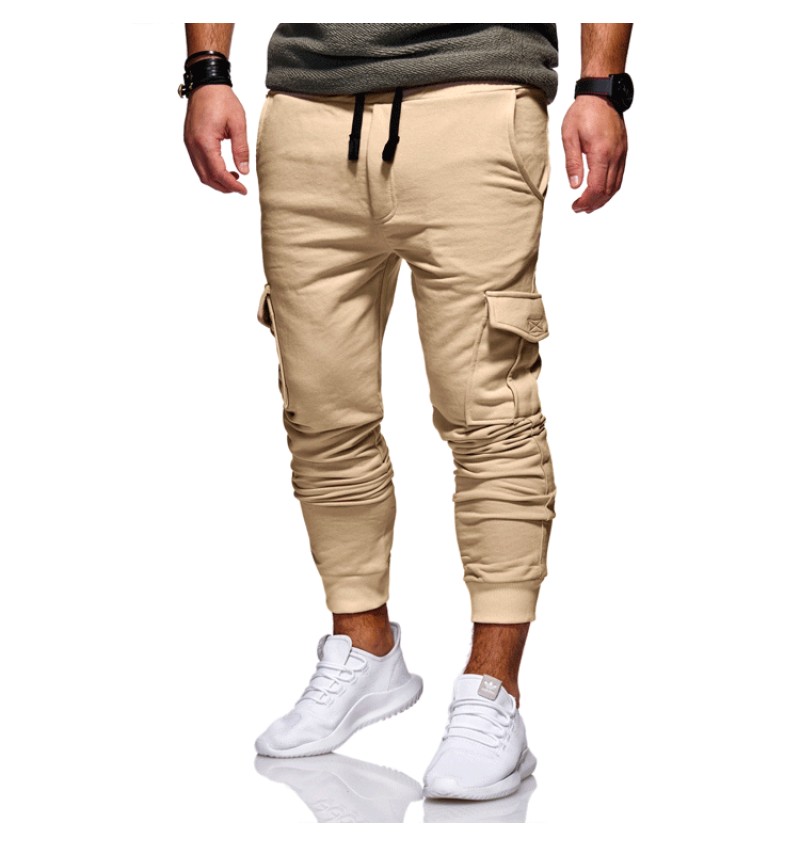 Men Casual Solid Fashion Tie Elastic Multi-Pocket Track Pants