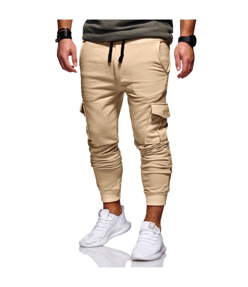 Men Casual Solid Fashion Tie Elastic Multi-Pocket Track Pants