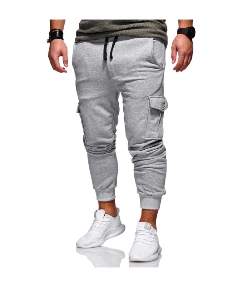 Men Casual Solid Fashion Tie Elastic Multi-Pocket Track Pants