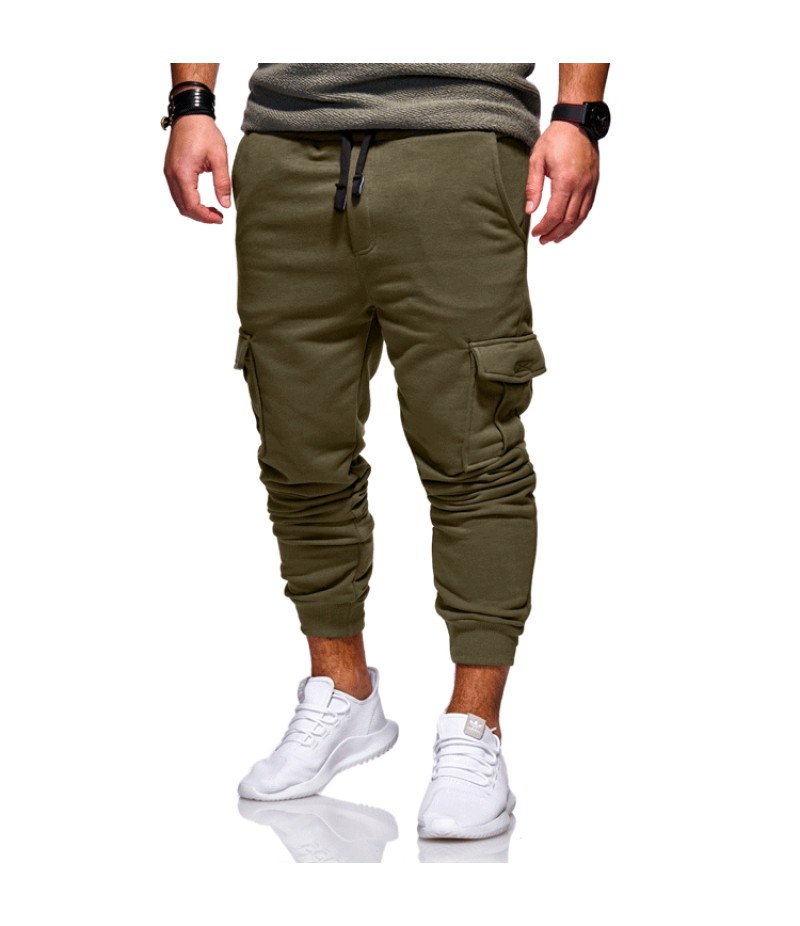 Men Casual Solid Fashion Tie Elastic Multi-Pocket Track Pants