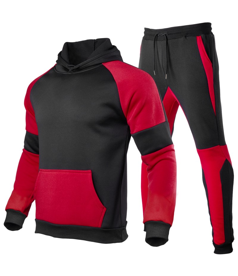 Men Casual Stitching Plus Fleece Hoodies And Pants Two-Piece Set