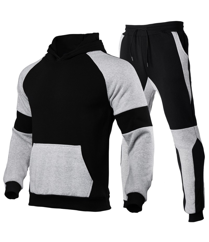 Men Casual Stitching Plus Fleece Hoodies And Pants Two-Piece Set