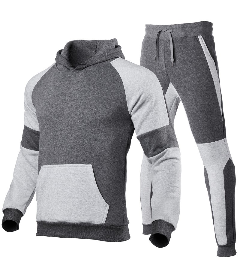 Men Casual Stitching Plus Fleece Hoodies And Pants Two-Piece Set