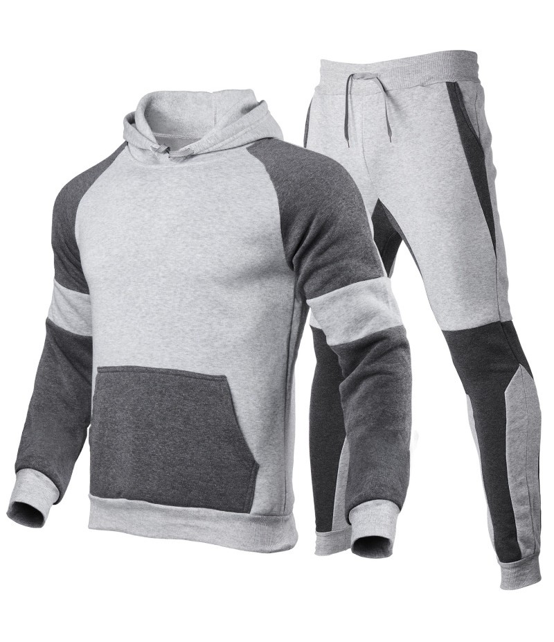 Men Casual Stitching Plus Fleece Hoodies And Pants Two-Piece Set