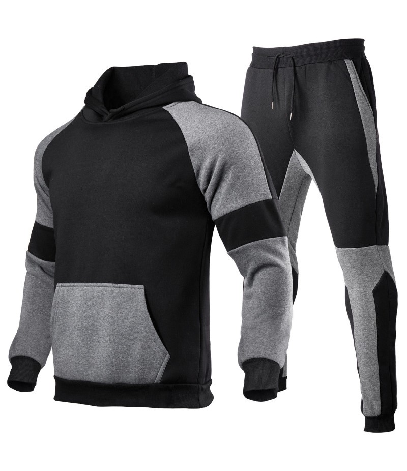 Men Casual Stitching Plus Fleece Hoodies And Pants Two-Piece Set