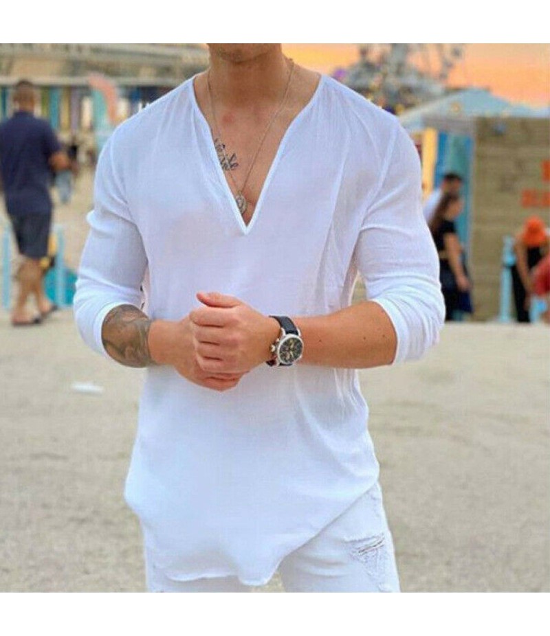 Men'S Casual Solid Color V-Neck Long-Sleeved T-Shirt