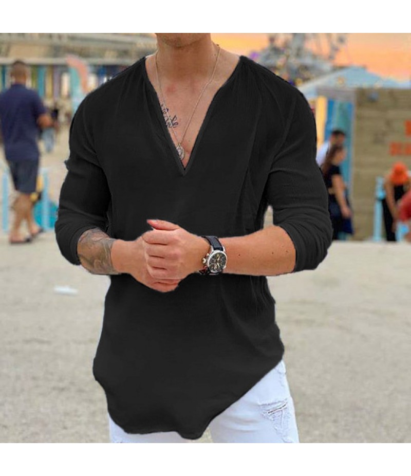 Men'S Casual Solid Color V-Neck Long-Sleeved T-Shirt