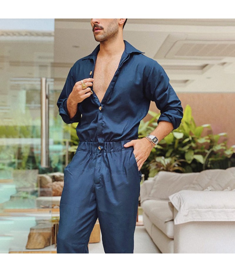 Men Fashion Solid Color Lapel Long Sleeve Single Breasted Tunic Jumpsuit