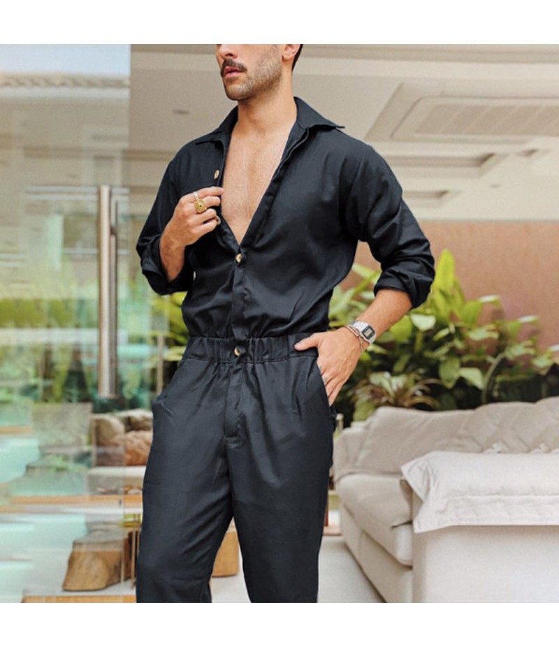 Men Fashion Solid Color Lapel Long Sleeve Single Breasted Tunic Jumpsuit