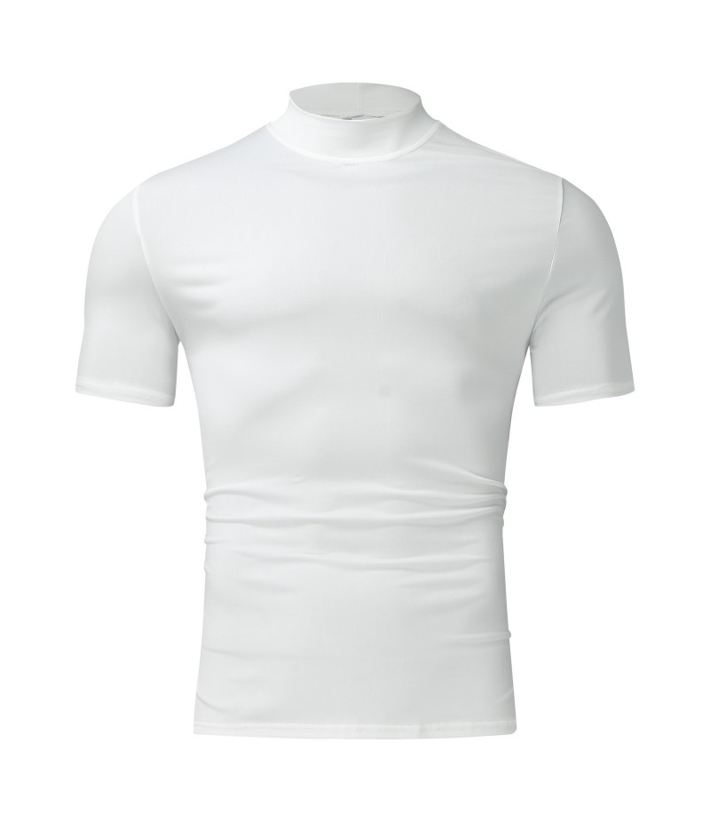 Men Casual Slim High Collar Solid Color Short Sleeve T-Shirt