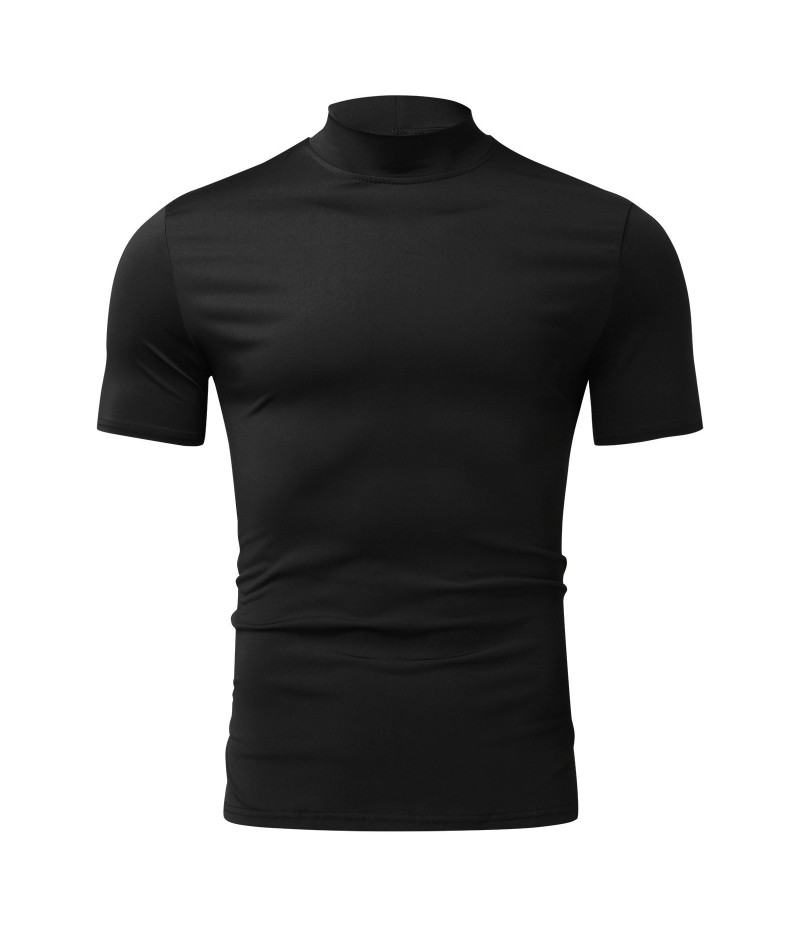 Men Casual Slim High Collar Solid Color Short Sleeve T-Shirt