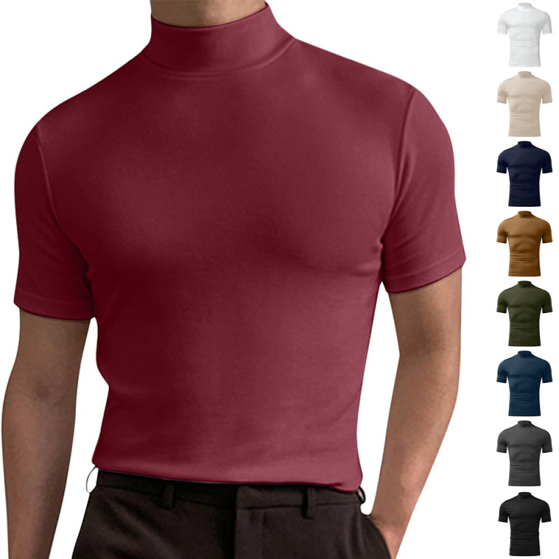 Men Casual Slim High Collar Solid Color Short Sleeve T-Shirt