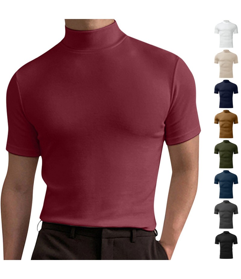 Men Casual Slim High Collar Solid Color Short Sleeve T-Shirt