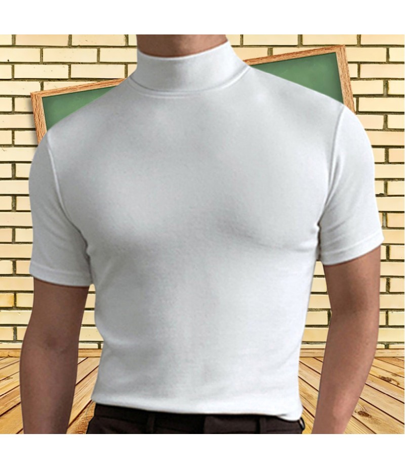 Men Casual Slim High Collar Solid Color Short Sleeve T-Shirt