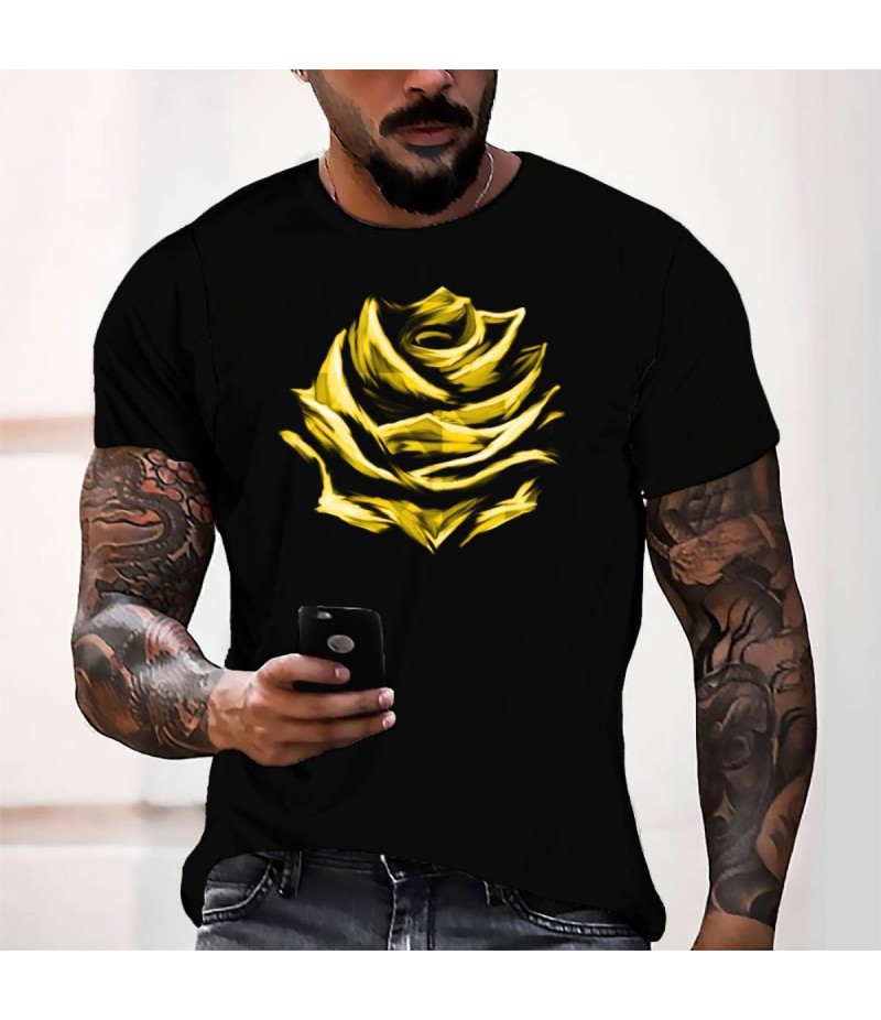 Men Fashion Rose Print Loose Short-Sleeved T-Shirt