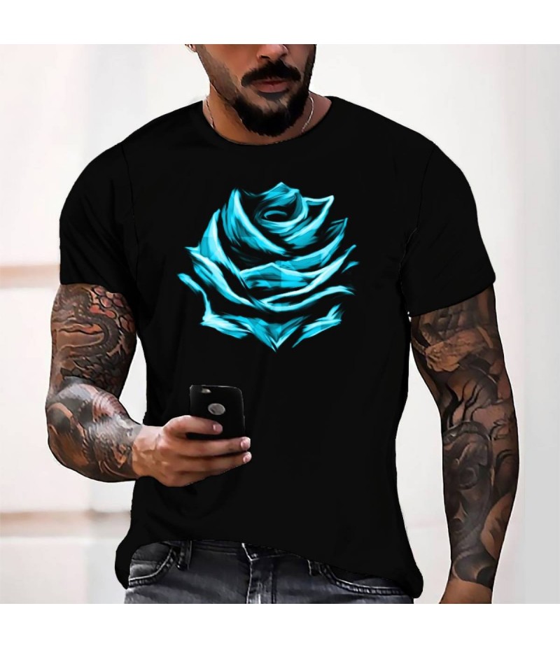 Men Fashion Rose Print Loose Short-Sleeved T-Shirt