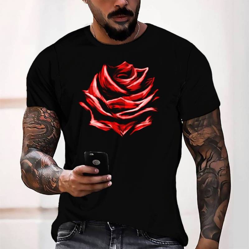 Men Fashion Rose Print Loose Short-Sleeved T-Shirt