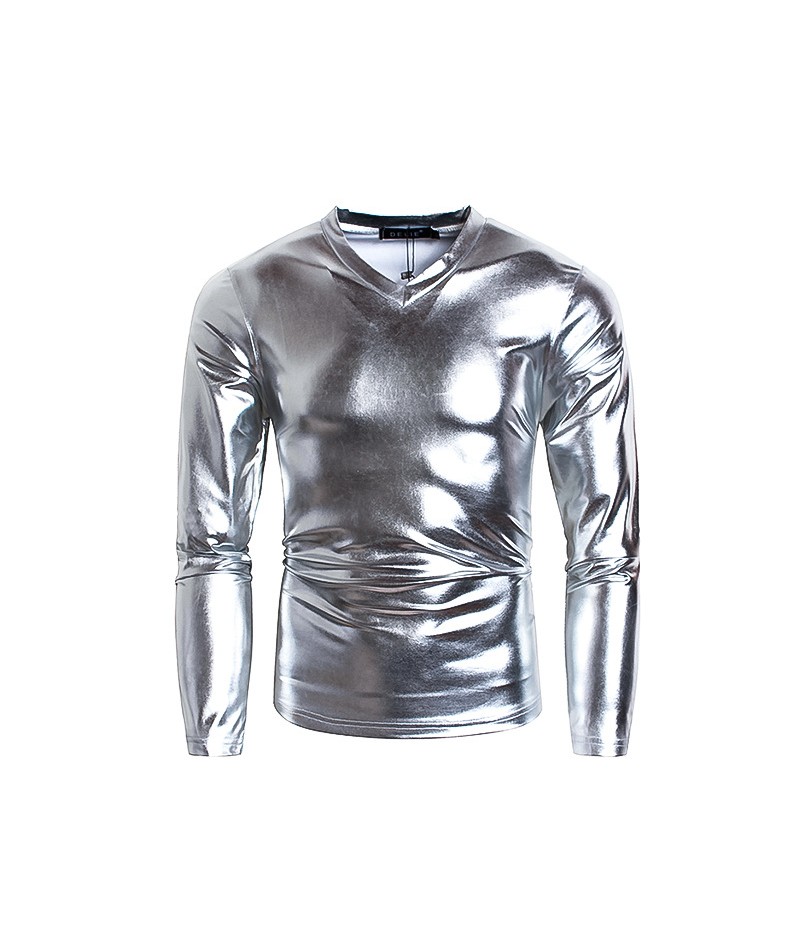 Men Fashion Solid Color Shiny V-Neck Long-Sleeved T-Shirt