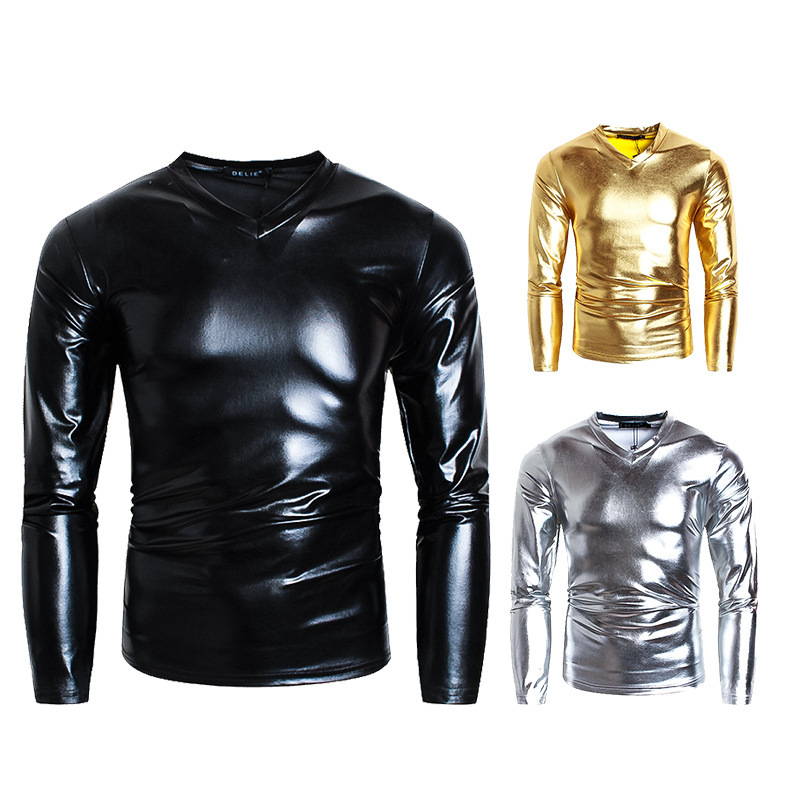 Men Fashion Solid Color Shiny V-Neck Long-Sleeved T-Shirt