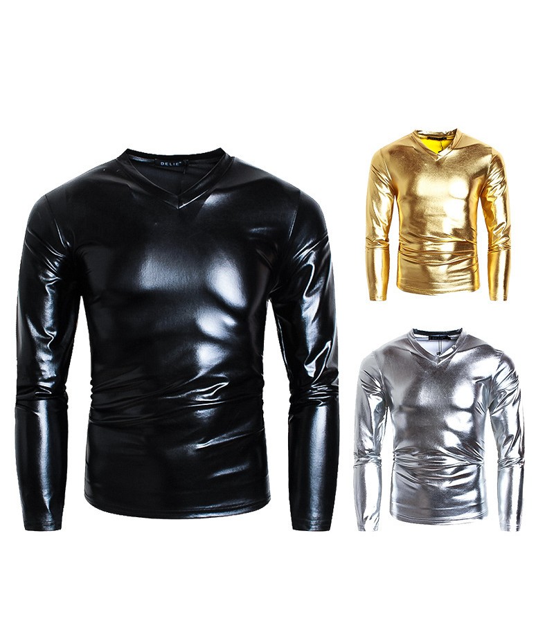 Men Fashion Solid Color Shiny V-Neck Long-Sleeved T-Shirt