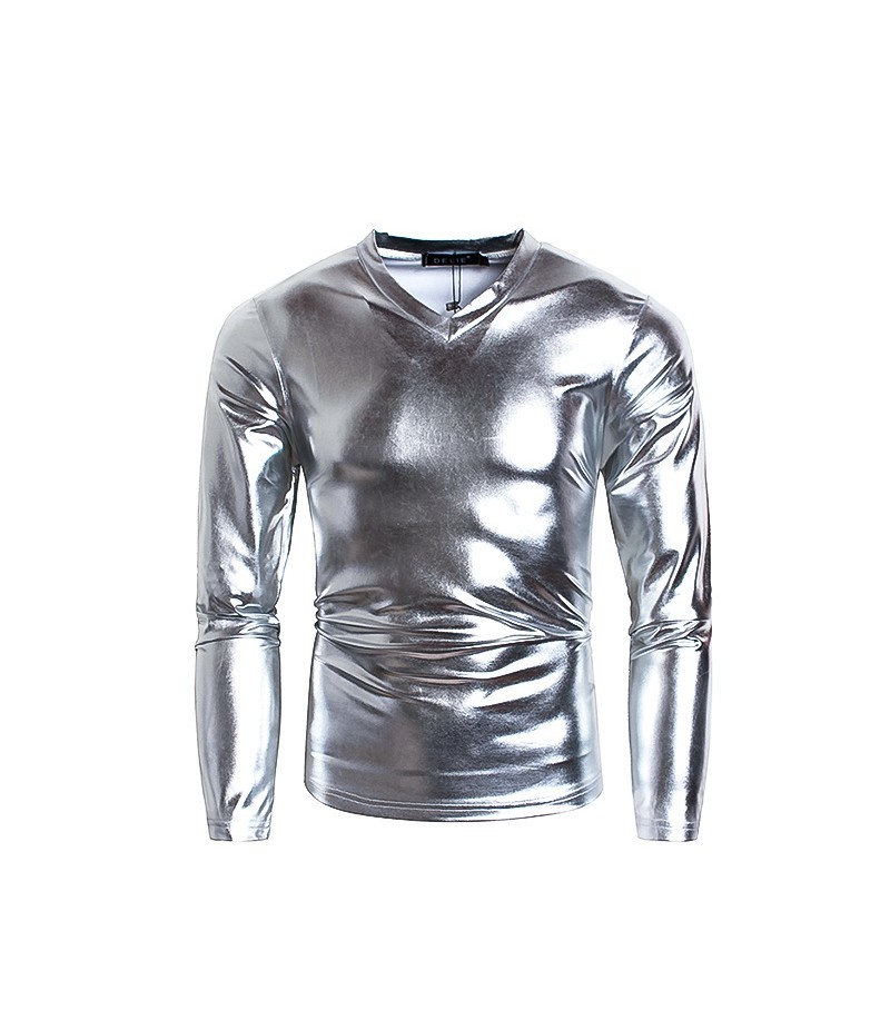 Men Fashion Solid Color Shiny V-Neck Long-Sleeved T-Shirt