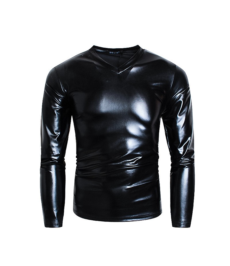 Men Fashion Solid Color Shiny V-Neck Long-Sleeved T-Shirt