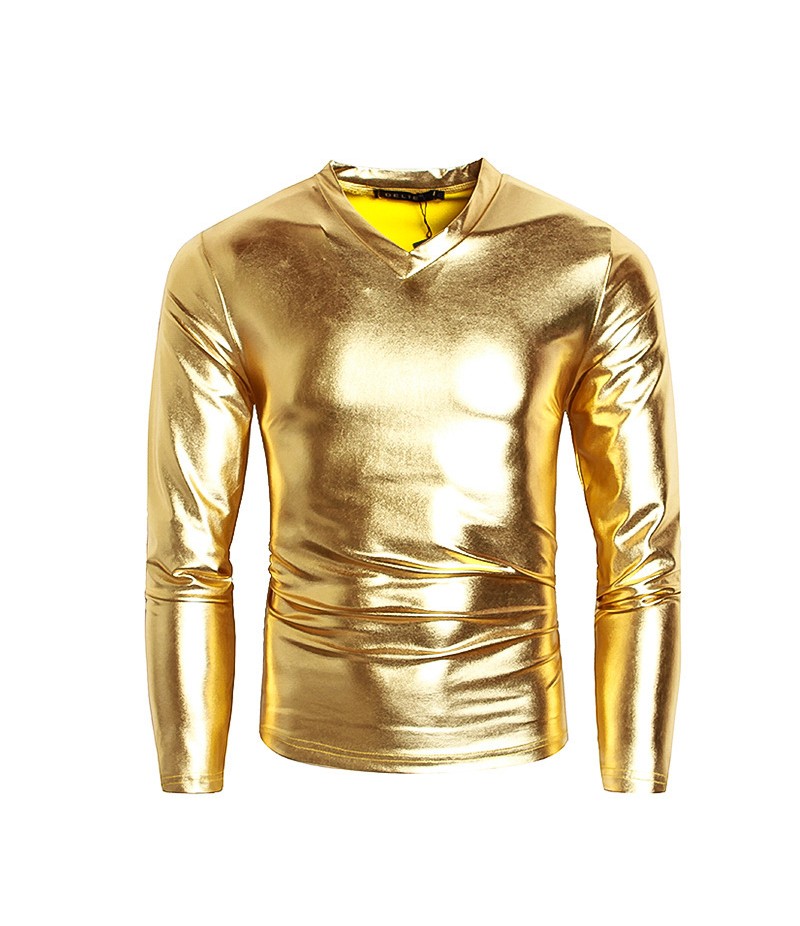 Men Fashion Solid Color Shiny V-Neck Long-Sleeved T-Shirt