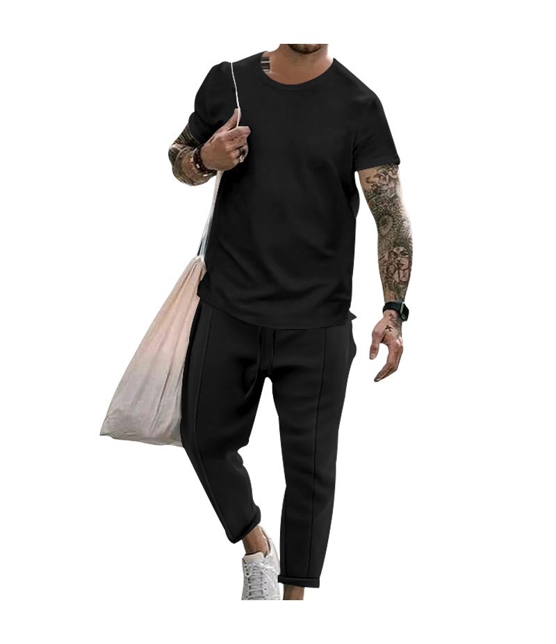 Men Casual Round Neck Short-Sleeved Solid Color T-Shirt And Trousers Two-Piece Set