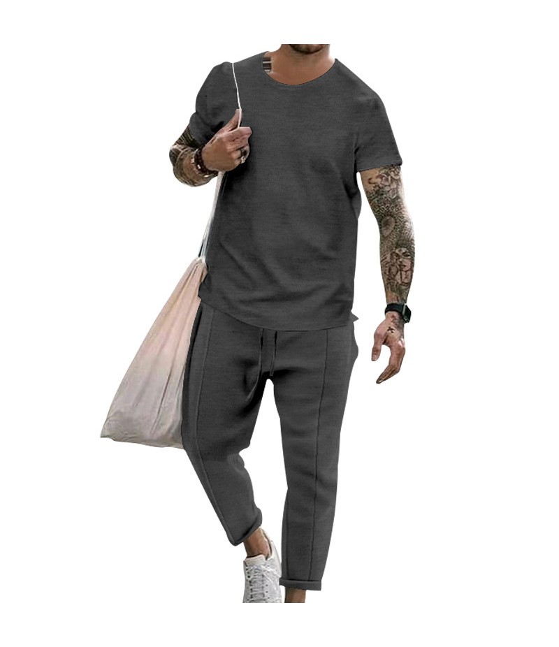 Men Casual Round Neck Short-Sleeved Solid Color T-Shirt And Trousers Two-Piece Set